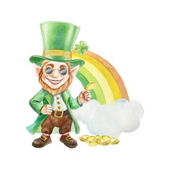 Leprechaun in a green top hat holding a coin against a rainbow and a cloud. St. Patricks Day holiday element. Hand drawn watercolor illustration isolated. For cards, invitations, banners, posters.