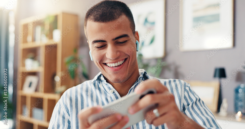 Poster man, earphones and happy with phone in home for playing internet gaming, web subscription and online