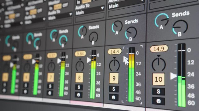 Audio monitoring. Multiple audio meters on screen. Adjusting the output levels. Music production. Close up
