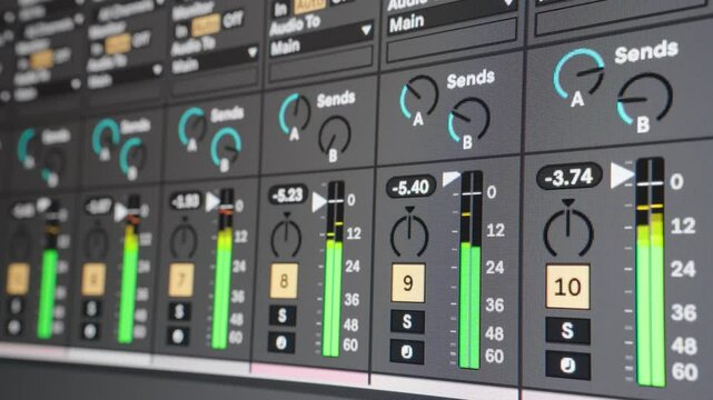 Audio monitoring. Multiple audio meters on screen. Music production. Close up