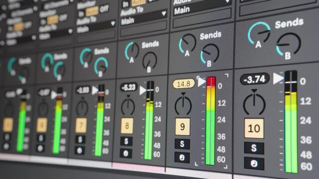 Audio monitoring. Multiple audio meters on screen. Channel clipping. Music production. Close up