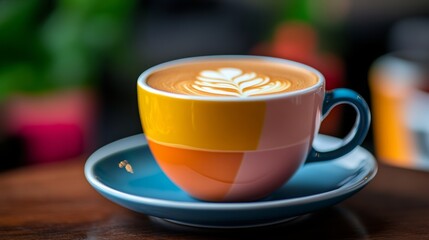 Obraz premium Colorful coffee cup with a white leaf design sits on a blue saucer. The cup is filled with coffee and has a small amount of foam on top. Concept of warmth and comfort