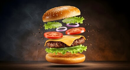 Burger commercial style, cheese burger, Burger and french fries, zinger burger ai generated, shot in motion, dynamic magazine ad image, photorealism, best selling, stock photos, viral