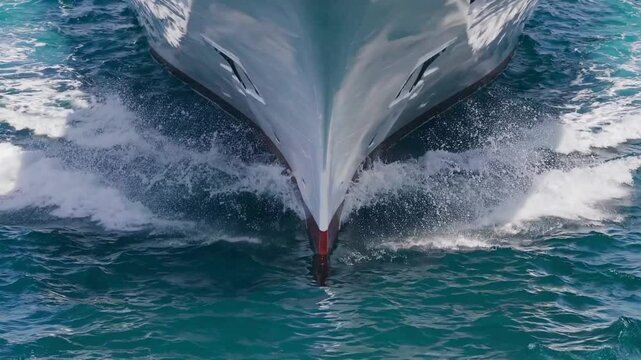 Luxury vessel's majestic bow cutting through deep blue ocean waters, creating dynamic white foam waves during maritime journey
