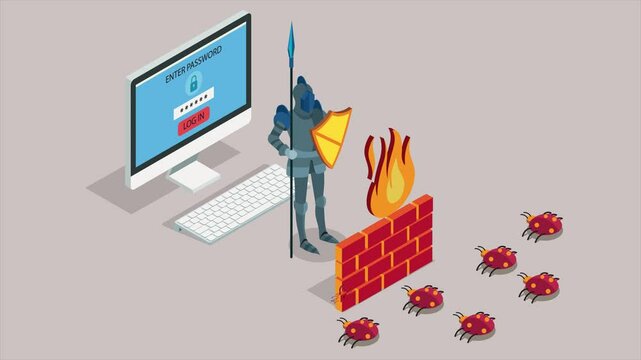 Hight resolution animation video. Online data security. Antivirus software for work safe the web. Security data protection with firewall. illustration.