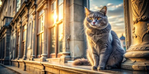 Obraz premium Grumpy Gray Cat Window Sill Outdoor Architectural Photography - Majestic Feline Portrait