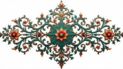 Intricate decorative border with teal and white floral motifs in folk art style. Ornate teal and white seamless border with swirling patterns and butterflies  
