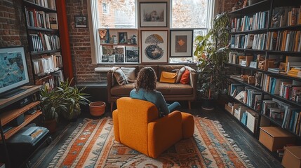 A creative study space with cozy furniture, inspirational posters, and a variety of learning tools