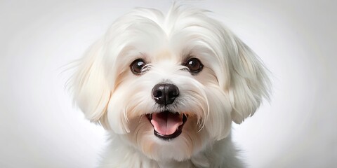 Happy Maltese Dog Portrait, Low Light Pet Photography, White Background, Studio Shot