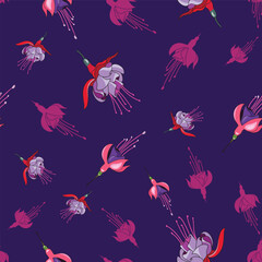 Fuchsia flowers repeat pattern design on dark purple