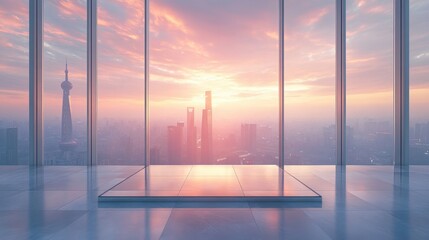 Fototapeta premium Modern skyline view from glass-floored observation deck at sunrise in shanghai