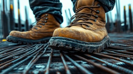 Construction Worker's Boots on Rebar