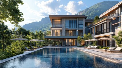 Luxurious modern villa with mountain view and infinity pool in tropical setting