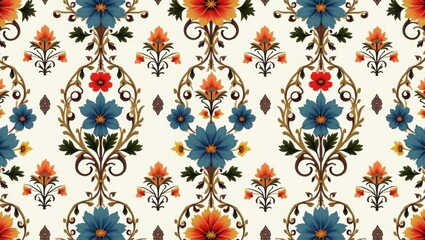 Fototapeta premium Intricate decorative border with teal and white floral motifs in folk art style. Ornate teal and white seamless border with swirling patterns and butterflies 