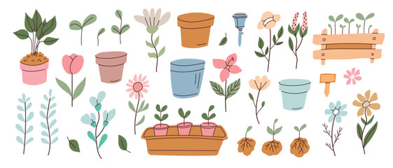 Colorful arrangement of gardening elements featuring flowers, plants, and pots in a simple and charming design