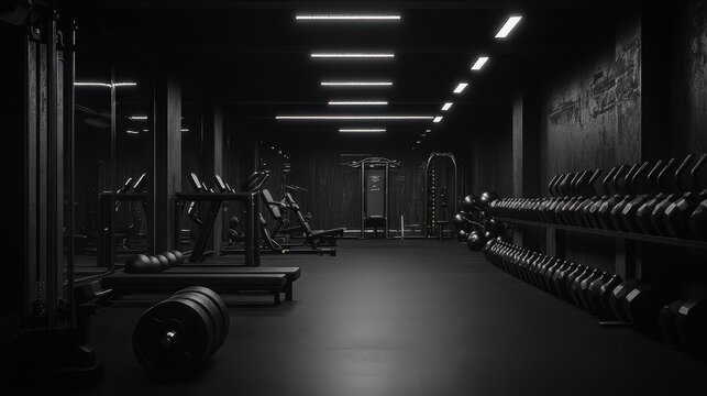 Modern empty gym with dumbbells and fitness equipment in dark lighting