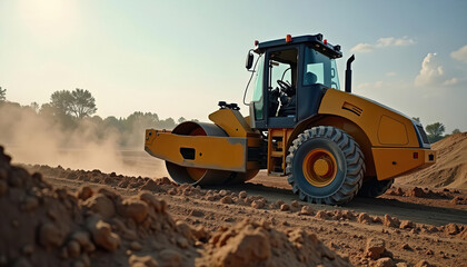 A yellow road roller compacts dust on a construction site under a clear blue sky during the day.