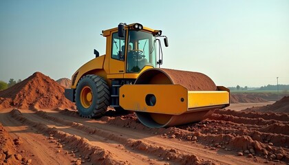 A heavy yellow road roller working on a construction site, compacting soil for a new roadway.