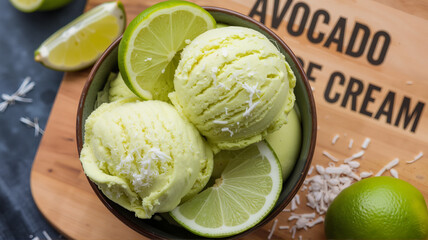 Creamy avocado ice cream served with lime slices and shredded coconut