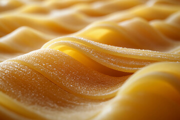 Fototapeta premium Noodles in Rhythmic Waves: A Culinary Symphony of Glossy Pasta Strands Forming Undulating Loops with Subtle Light Reflections, Creating an Artistic Food Composition