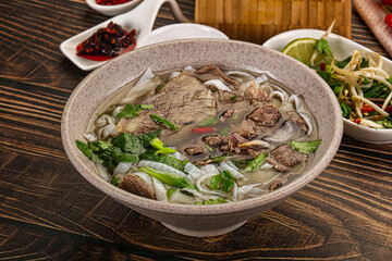 Vietnamese Pho Bo soup with beef and noodles