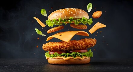 Burger commercial style, cheese burger, Burger and french fries, zinger burger ai generated, shot in motion, dynamic magazine ad image, photorealism, best selling, stock photos, viral