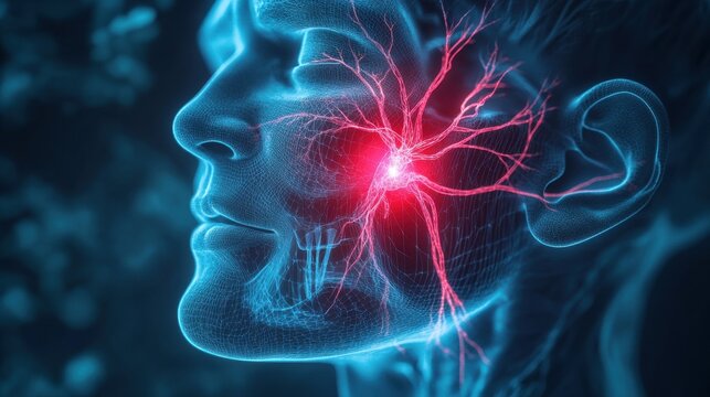 A 3D medical illustration of the trigeminal nerve branching across the face, with a red glowing area highlighting pain near the jaw and cheek, accompanied by text explaining trigem illustration