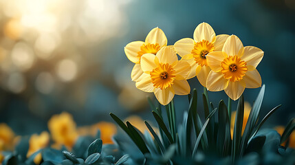 Obraz premium Close Up of Vibrant Yellow Daffodils Blooming in Warm Sunlight