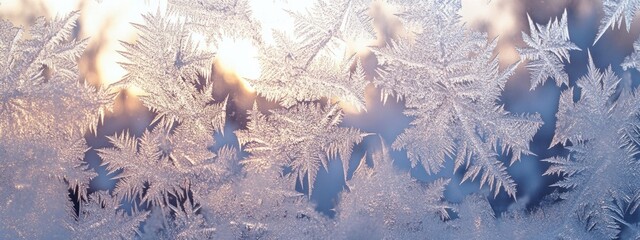 Frozen artistry created by winter on window glass forming delicate, fern-like frost patterns with soft sunlight shining through
