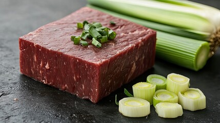 Raw beef cubes seasoned with salt and chopped spring onions, ready for cooking, creating a visually appealing culinary scene