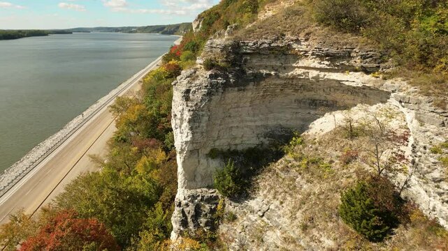 A shot where the camera flys close to the bluff edge. These are the bluff along the Mississippi River near the town of Elsa, IL. The trees are changing colors and showing off the fall coloration