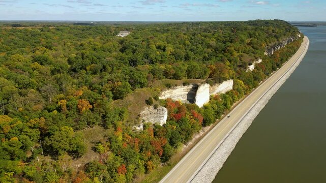 A Shot of the river bluffs that run along the Mississippi River in Southern Illinois. The Great River Road runs along the foot of the bluffs.