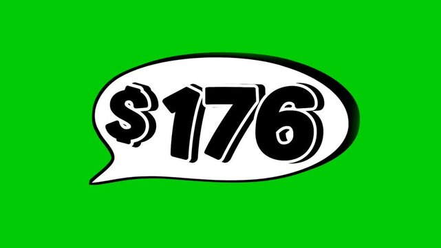 176$ dollars price tag animation motion graphics in speech bubble on green screen background for wholesale or black Friday event business concept video element