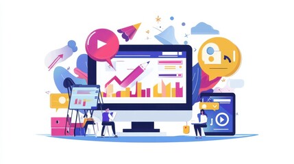 Naklejka premium Digital marketing innovations, exploring new tools, flat design illustration, No logo, No Trademark, No text, minimal concept with copy space for stock photo illustration