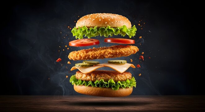 Burger commercial style, cheese burger, Burger and french fries, zinger burger ai generated, shot in motion, dynamic magazine ad image, photorealism, best selling, stock photos, viral