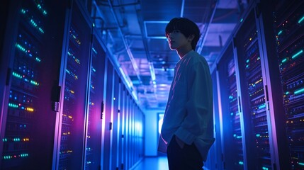 A Korean man in a casual shirt carefully monitors a server room, where glowing server racks illuminate the high-tech environment