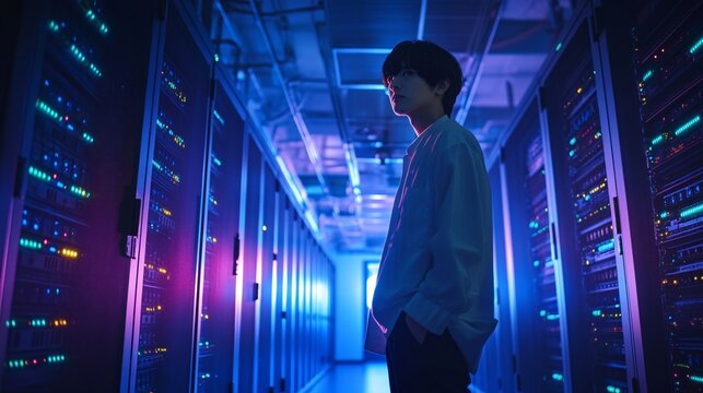 A Korean man in a casual shirt carefully monitors a server room, where glowing server racks illuminate the high-tech environment