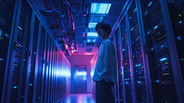 A man in a relaxed outfit oversees a high-tech server room, where illuminated racks create a modern and futuristic atmosphere - Powered by Adobe