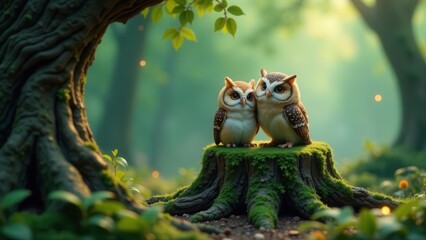 A Pair of Adorable Owls Perched on a Mossy Tree Stump in a Serene Forest Setting at Dawn