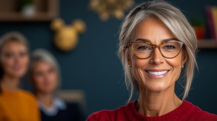 Woman with glasses is smiling and looking at the camera. She is wearing a red sweater and is surrounded by other people