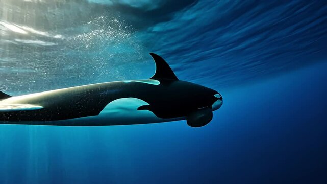 Majestic Orca in Underwater: An orca gracefully glides through the deep blue sea, showcasing its striking black and white pattern and powerful form, a stunning portrait of marine life.