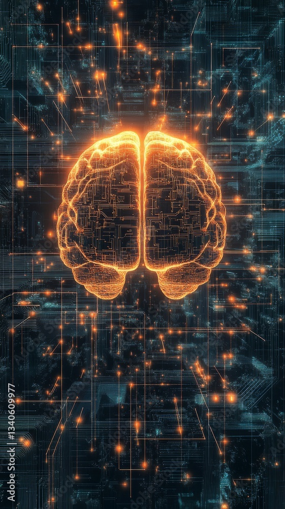 Poster Abstract glowing brain in a digital circuit network, futuristic technology concept