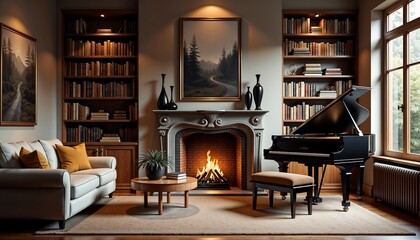 Elegant living room featuring a grand piano, cozy fireplace, and rich bookshelves in a warm atmosphere