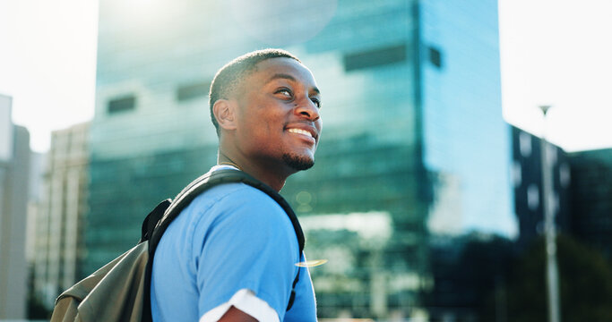 Smile, black man and nursing student in city for medical studying, planning and healthcare opportunity. Thinking, person and morning commute with learning internship, academic scholarship and program