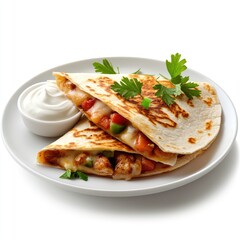 Two quesadillas filled with chicken, vegetables, and cheese, served with sour cream
