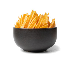 Fried chips sticks isolated, finger potato chips, golden shoestring fries pile, French fries