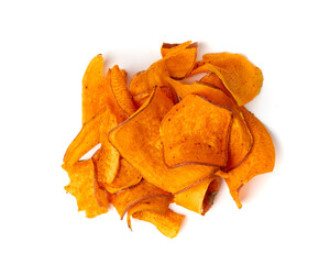 Dry sweet potato chips isolated, dried sliced red vegetable, healthy crispy snack flakes pile
