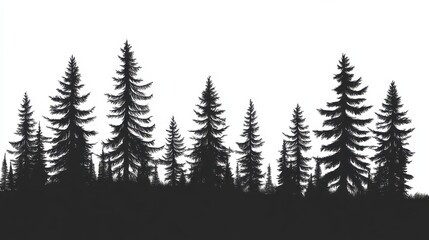 Obraz premium Silhouette, forest landscape, pine trees, coniferous trees, black and white, minimalist, stark contrast, skyline, nature scene, tree line, graphic design, vector art, woodcut style, monochrome illust