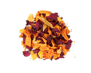Parsnips, sweet potato, carrot and beetroot chips isolated, dry vegetable root mix, healthy snacks