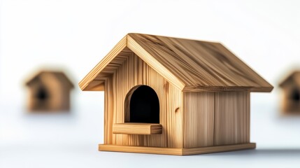 Wooden birdhouse with a black roof sits on a white background. The birdhouse is the only one in the scene, and it is the main focus of the image. The wooden structure gives a sense of warmth